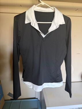 SHEIN Black Long-Sleeve Layered Polo Top with White Collar